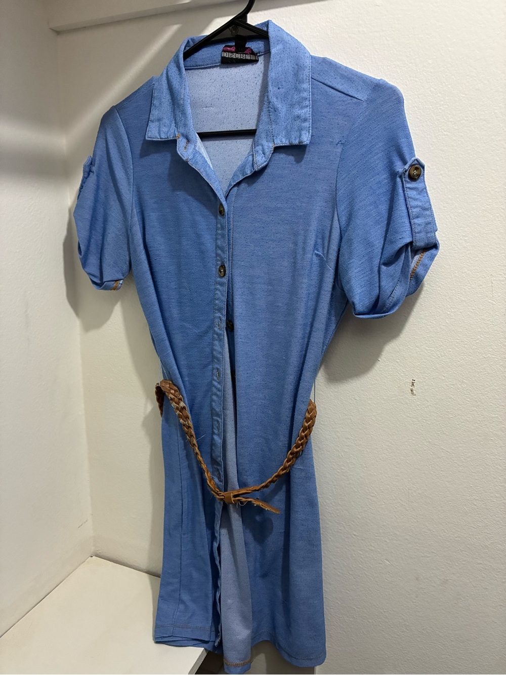 Denim Button-Front Shirt Dress with Braided Belt